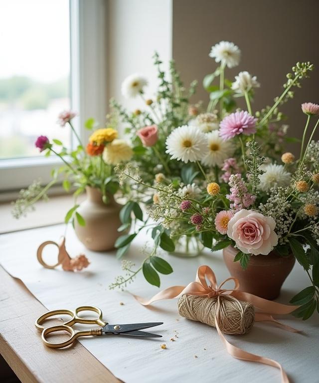 Un angolo dello studio di Ombrafiori con fiori freschi e attrezzi da lavoro.